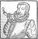 A drawing of a 16th century man smoking a pipe.